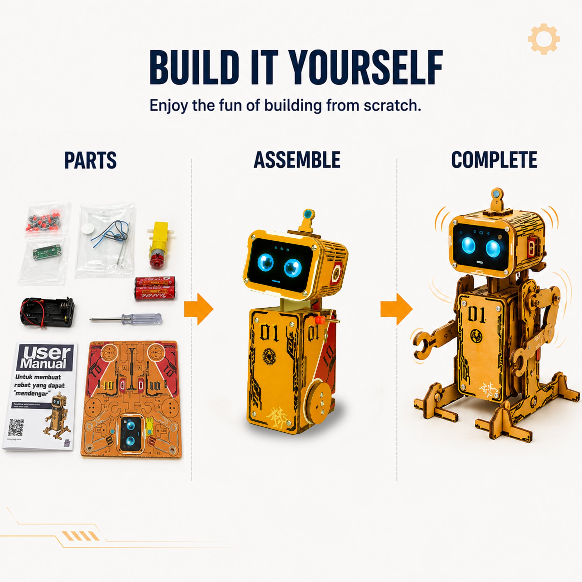 FEROBO DIY Wooden Robot Kit for Kids | Voice-Activated STEM Building Toy with Walking & Nodding Motion