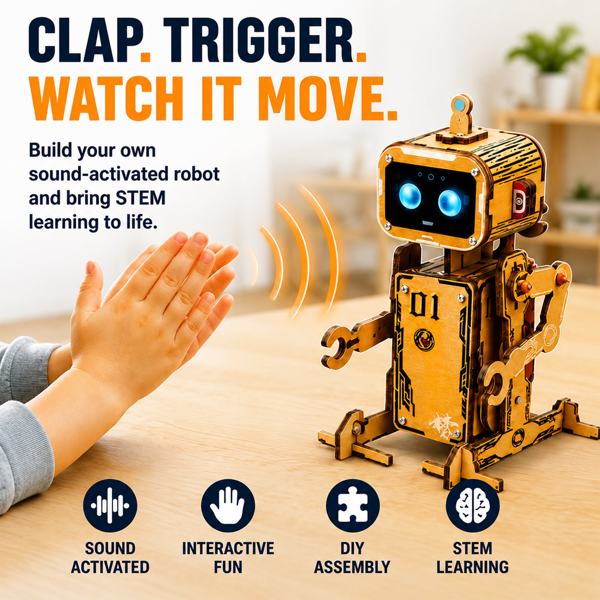 FEROBO DIY Wooden Robot Kit for Kids | Voice-Activated STEM Building Toy with Walking & Nodding Motion