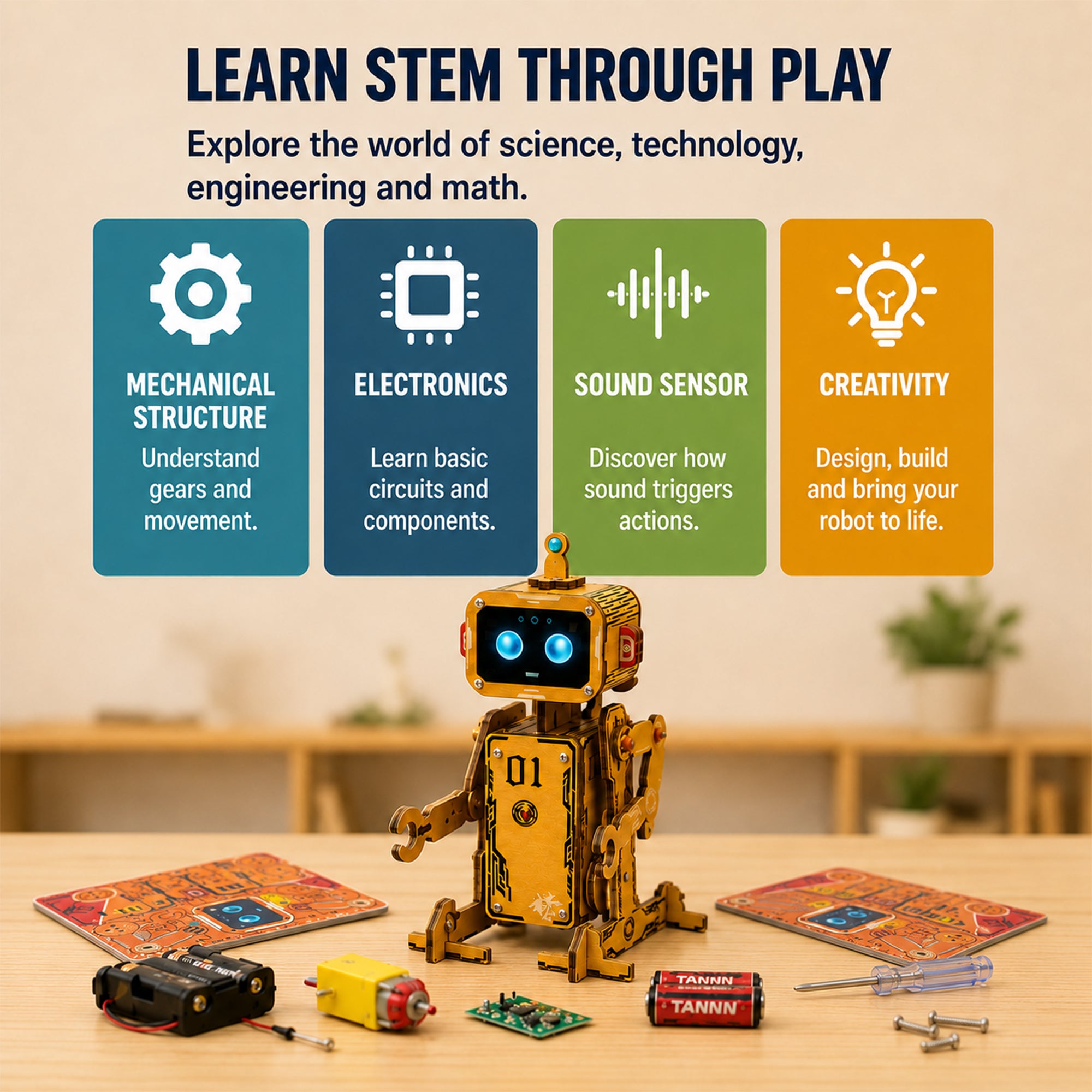 FEROBO DIY Wooden Robot Kit for Kids | Voice-Activated STEM Building Toy with Walking & Nodding Motion